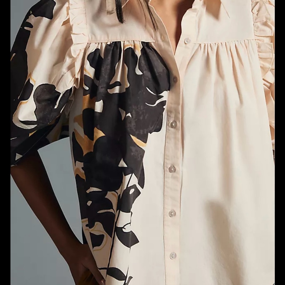Anthropologie Cream and Black Floral Blouse